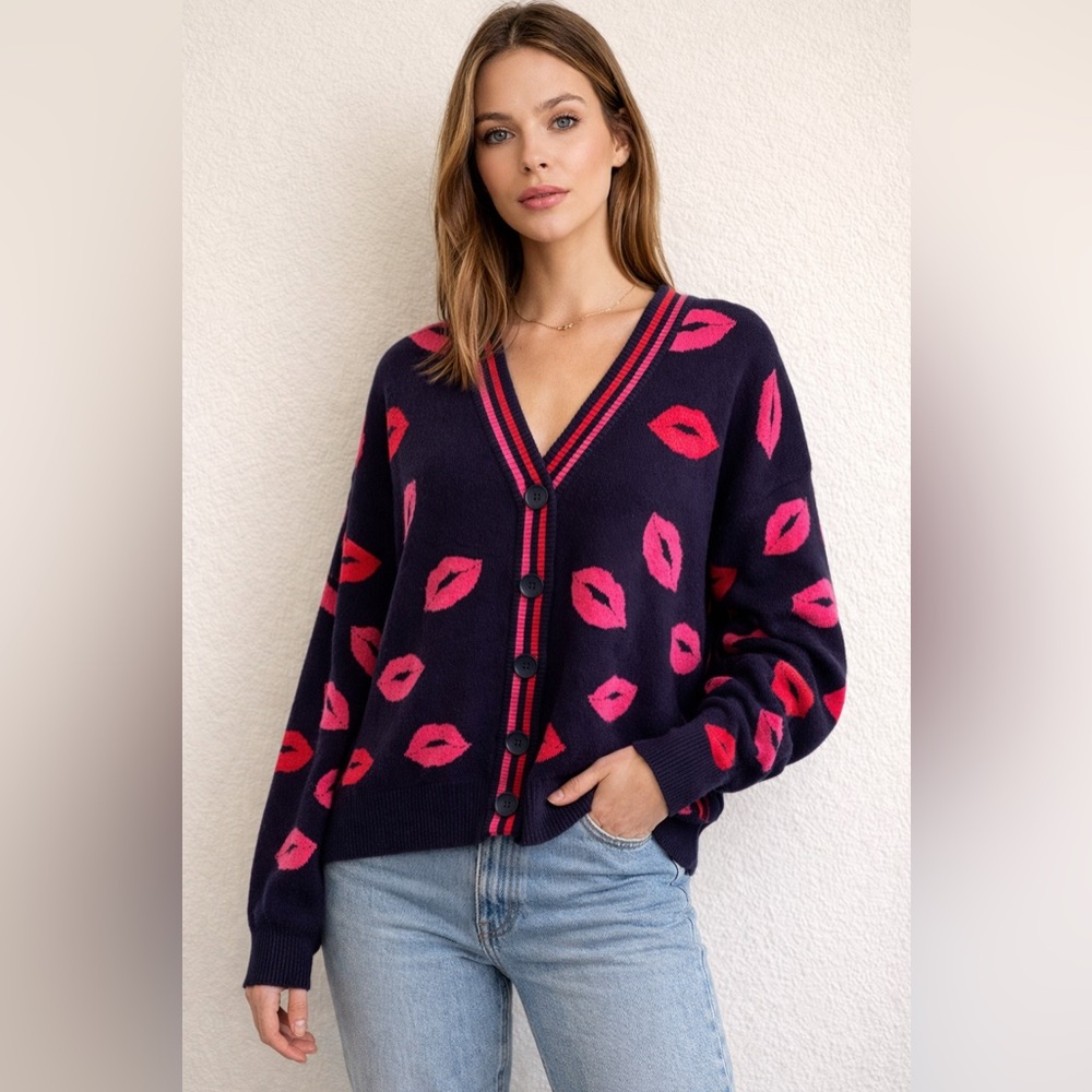 Belldini Navy and Pink Lip Print Cardigan